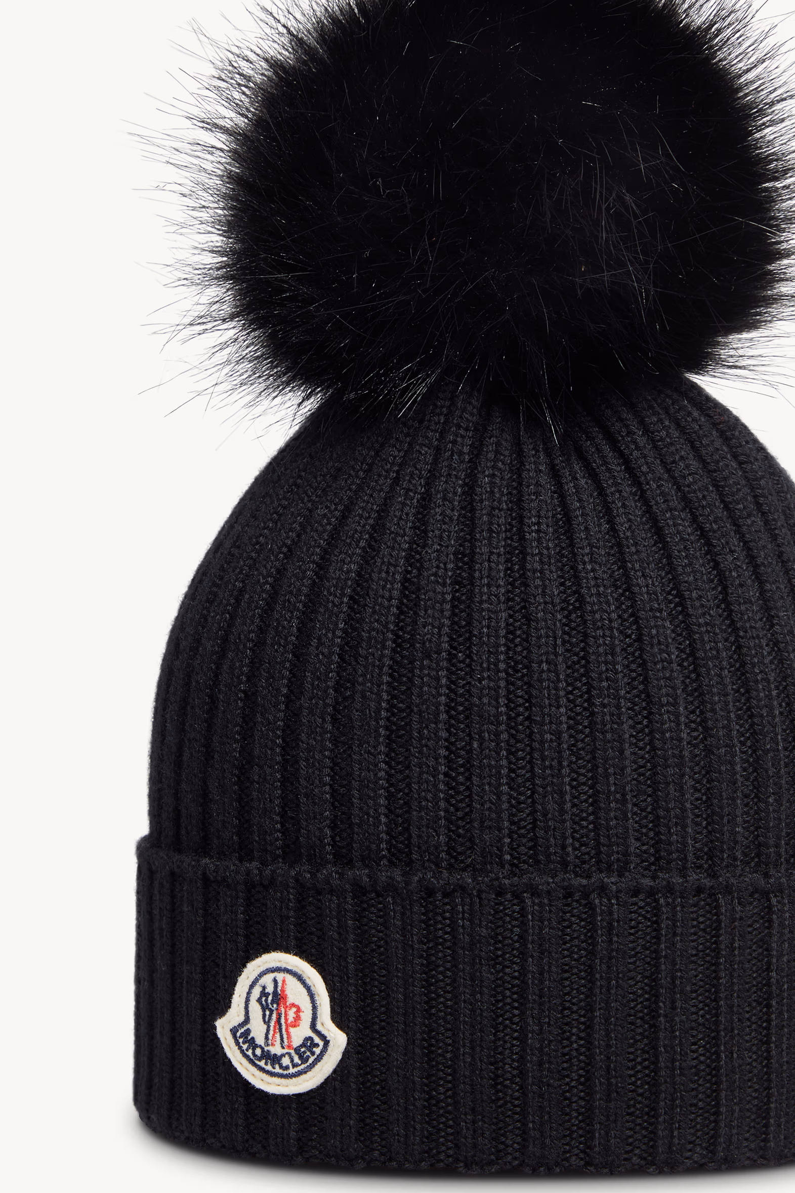 Wool Beanie with Faux Fur Pom Pom Girl Black Moncler 3